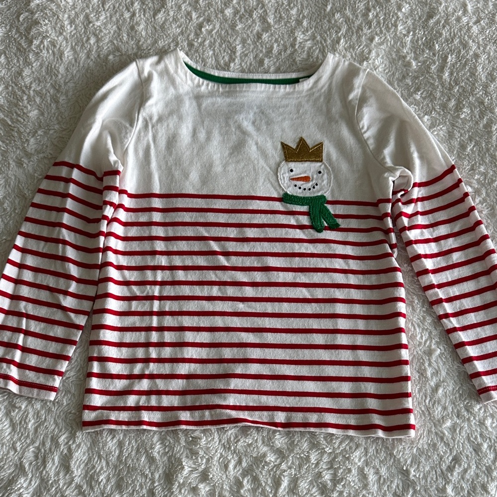 Mini Boden girls size 6-7 red stripe knit long sleeve snowman breton shirt